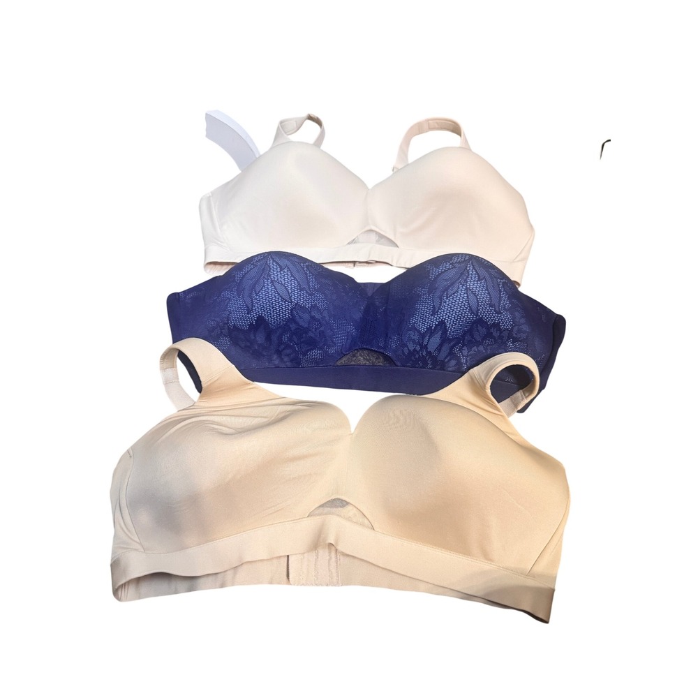 Lot of 3 Cacique Bras 44D Lightly Lined No-Wire Blue Lace Nude Tan Comfort Core